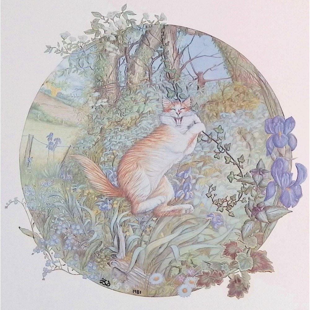 1982 Zoe Stokes Orange Cat Garden Flowers Vintage Book Print Whimsical Wall Art